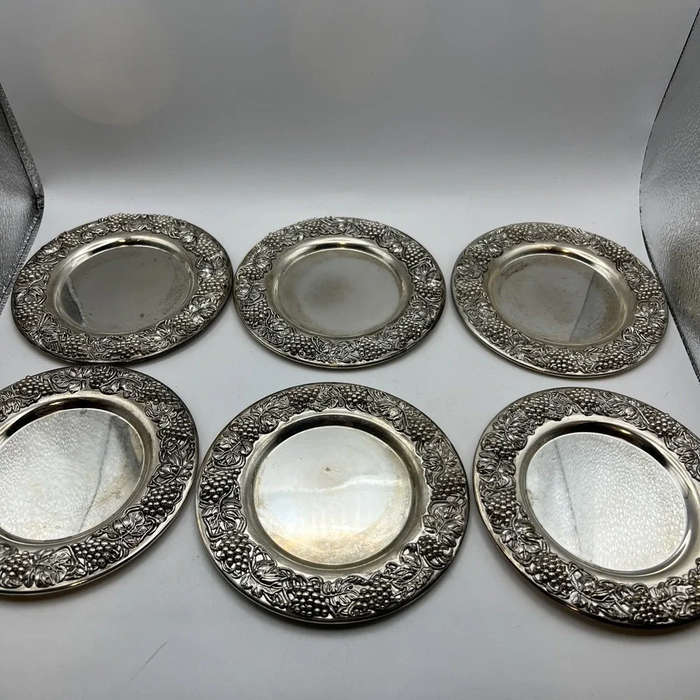 Set of 6 Vintage Godinger Silver Plate Grapevine Wine Coasters 5